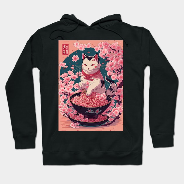 Japanese Cat in a Peach Blossom Garden Hoodie by Jackson Lester